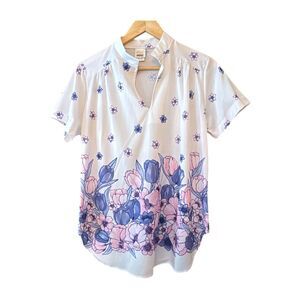 MONTGOMERY WARD Vintage 1970s Border Print Floral Blouse | Tulip Garden Print |